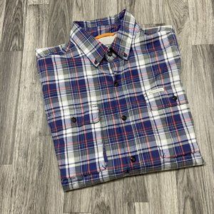 FIELD STREAM Button Down Short Sleeve Blue/Grey/Khaki Plaid Shirt Men's Size L